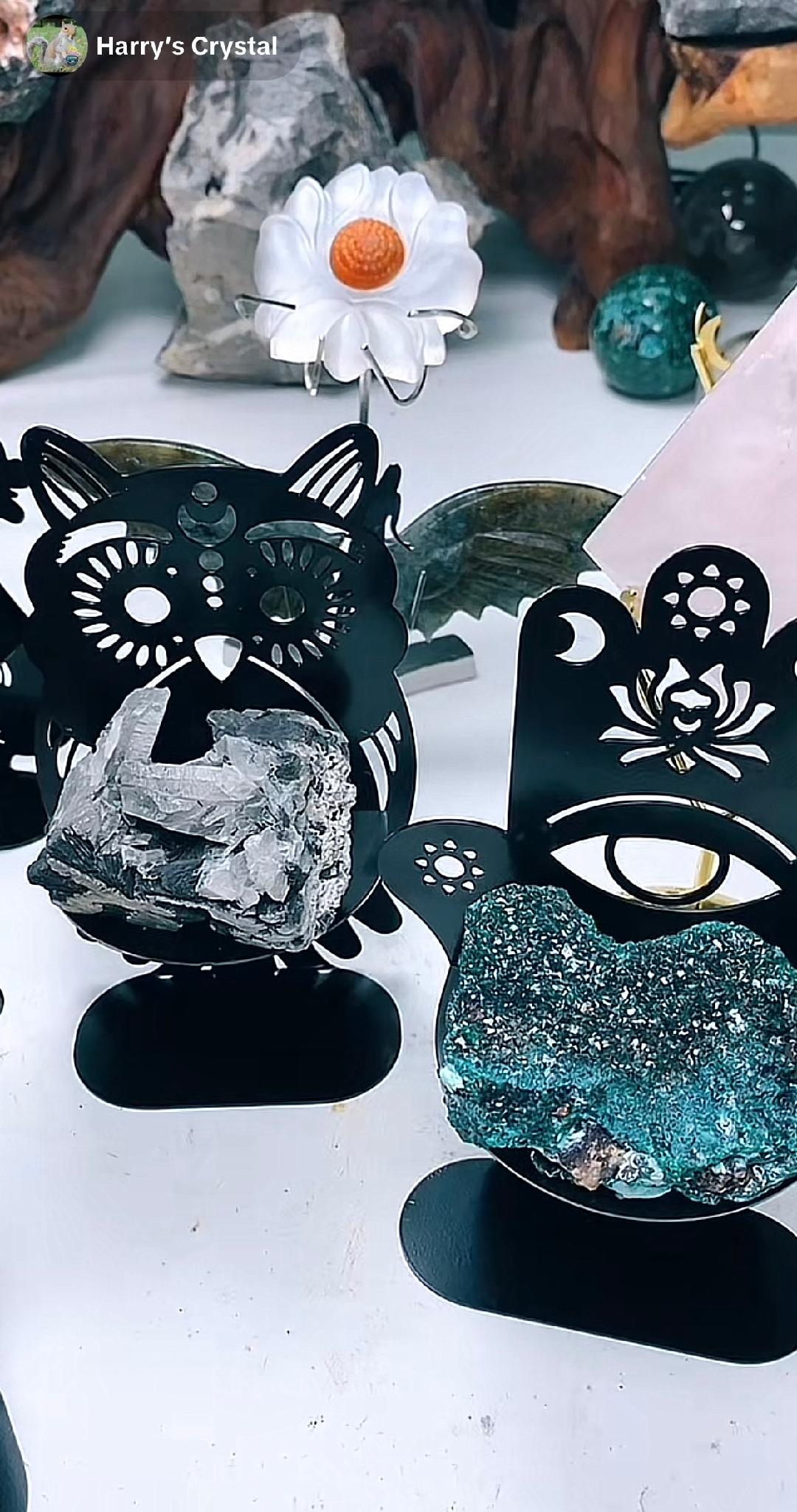 Black Metal Sphere Holder with shelf Butterfly, Cat, Hamsa Hand, and Owl Black metal Sphere Stand Display your beautiful Spheres with these unique Metal sphere stands, stunning Display Stands