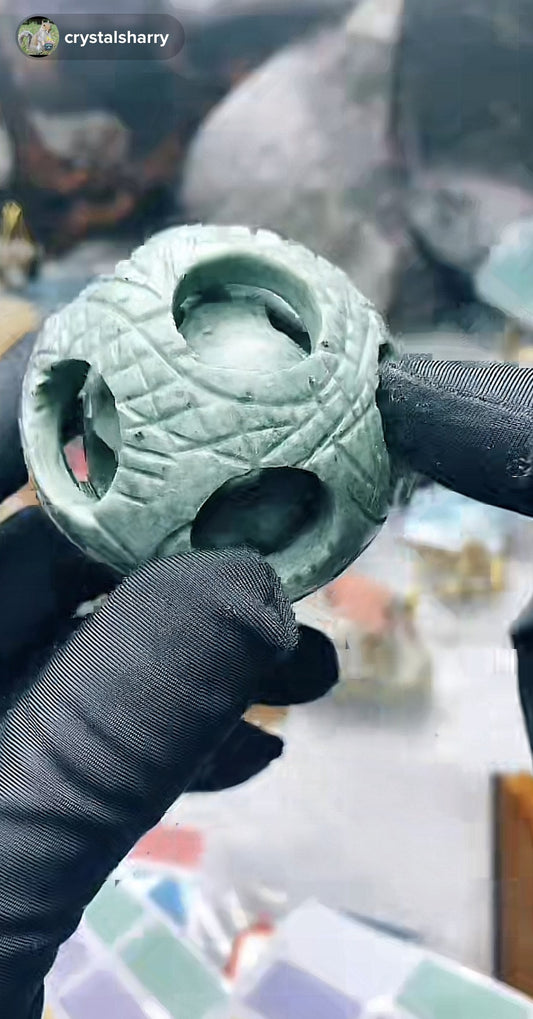 Carving/Hand Carved Nanyang jade Linglong Fengshui/Natural White/Cyan Jade Quartz Crystal linglong sphere/Mineral specimens/Home Decoration/Reiki Healing/Crystal Energy Gifts